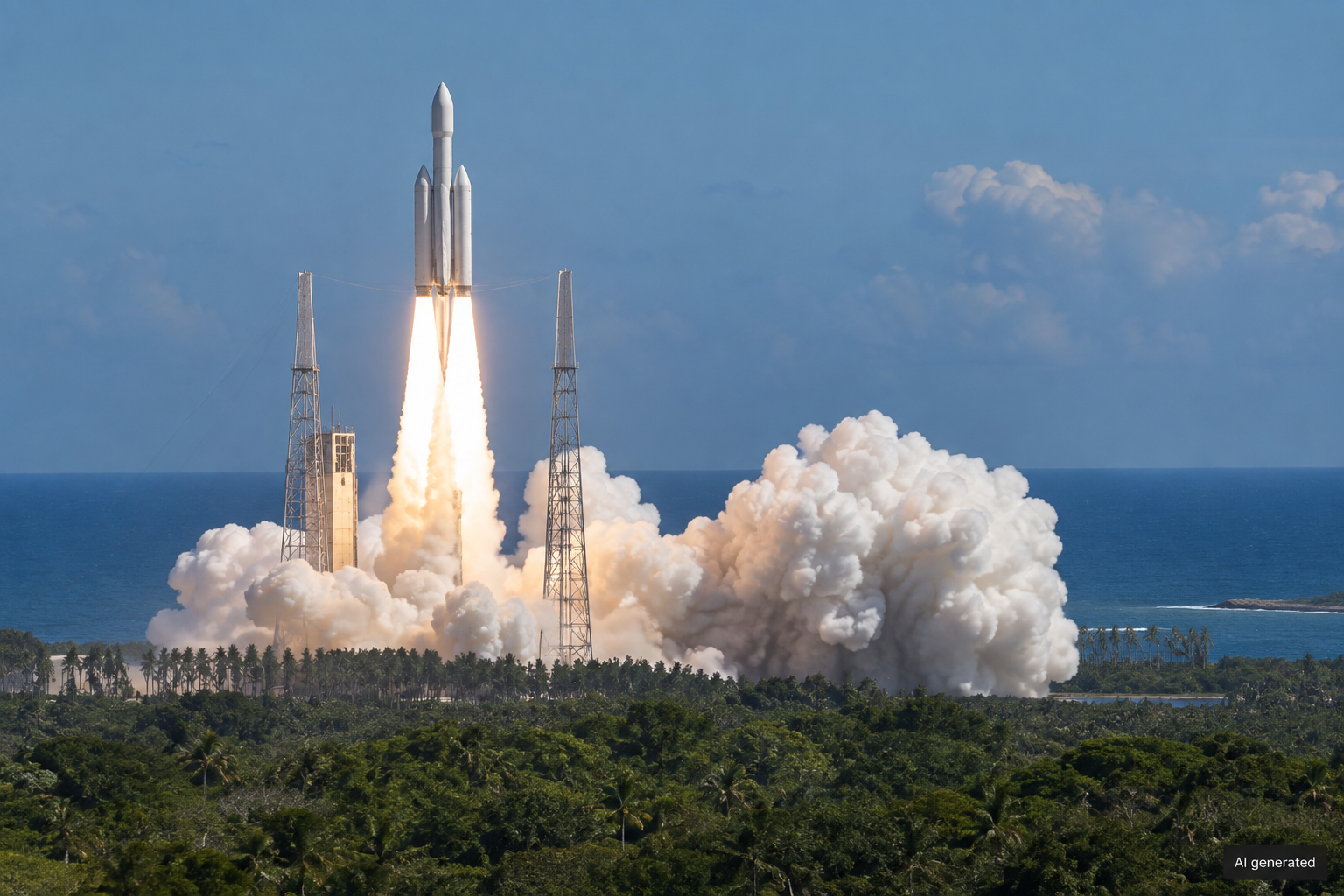 Generic orbital rocket launching from a tropical coast — AI generated
