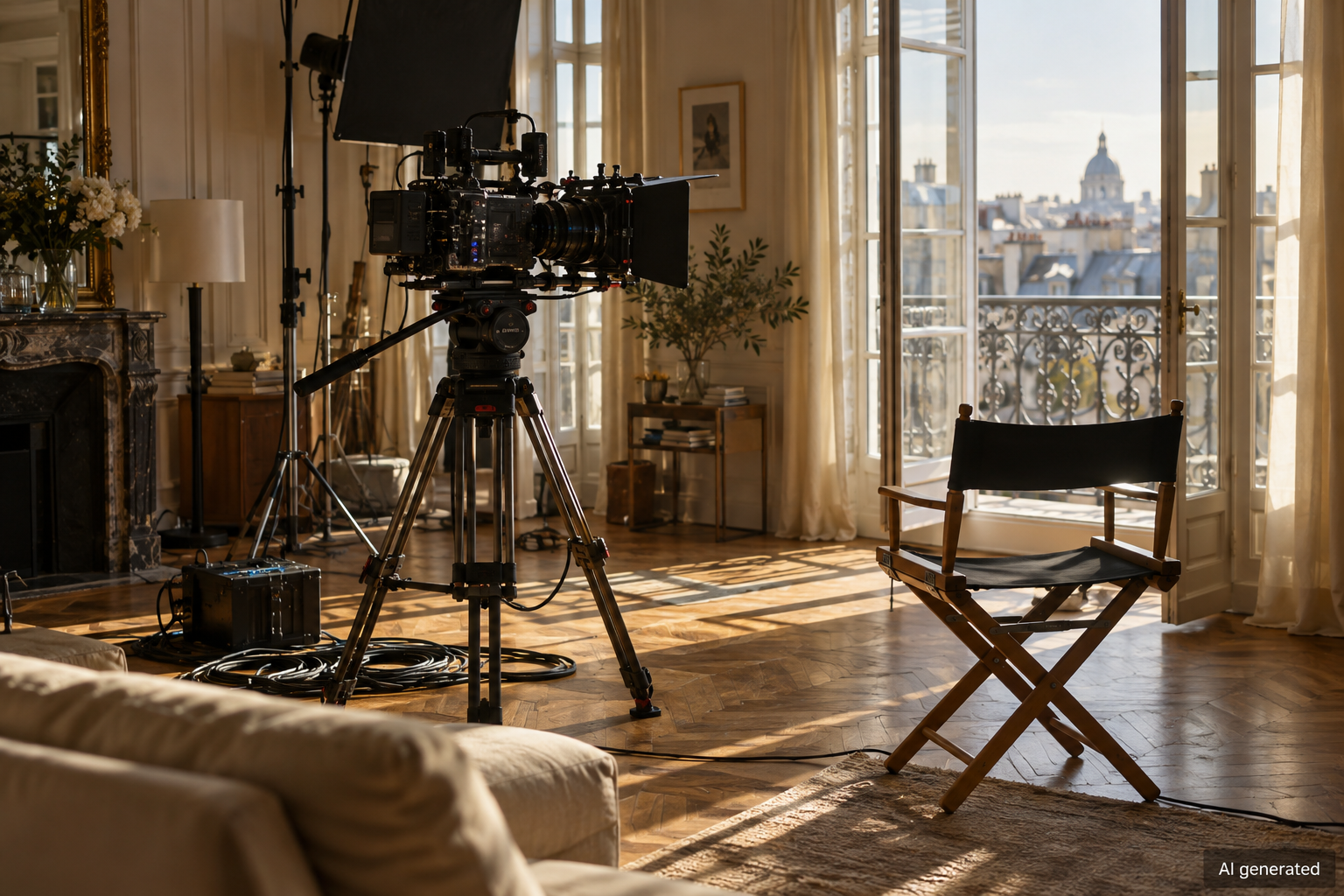 A cinema camera and director’s chair on a fictional apartment film set — AI generated illustration.