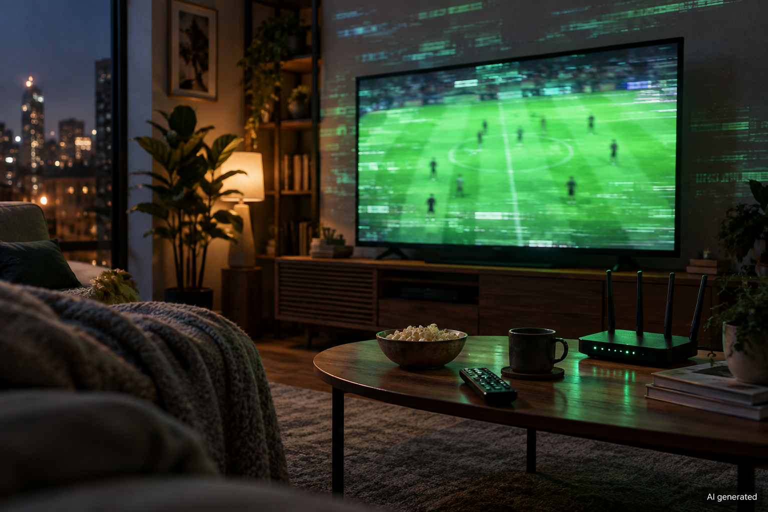 A fictional home television setup suggesting disrupted sports streaming — AI generated illustration.