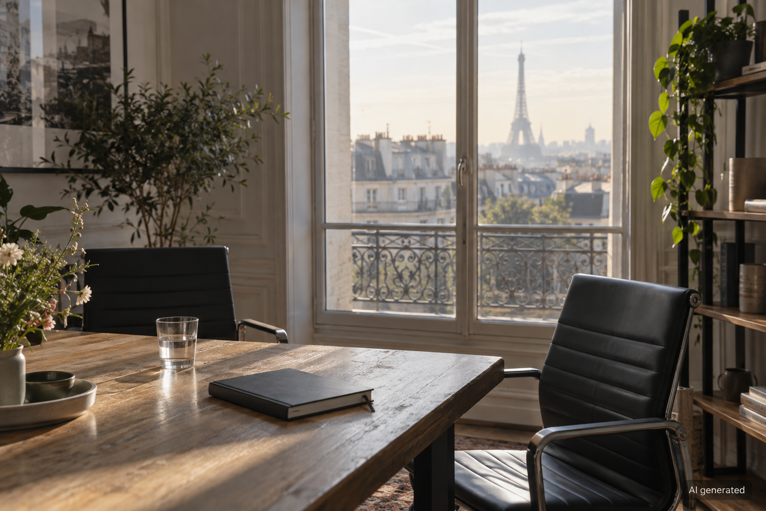 AI-generated illustration of an unbranded office overlooking Paris-inspired rooftops