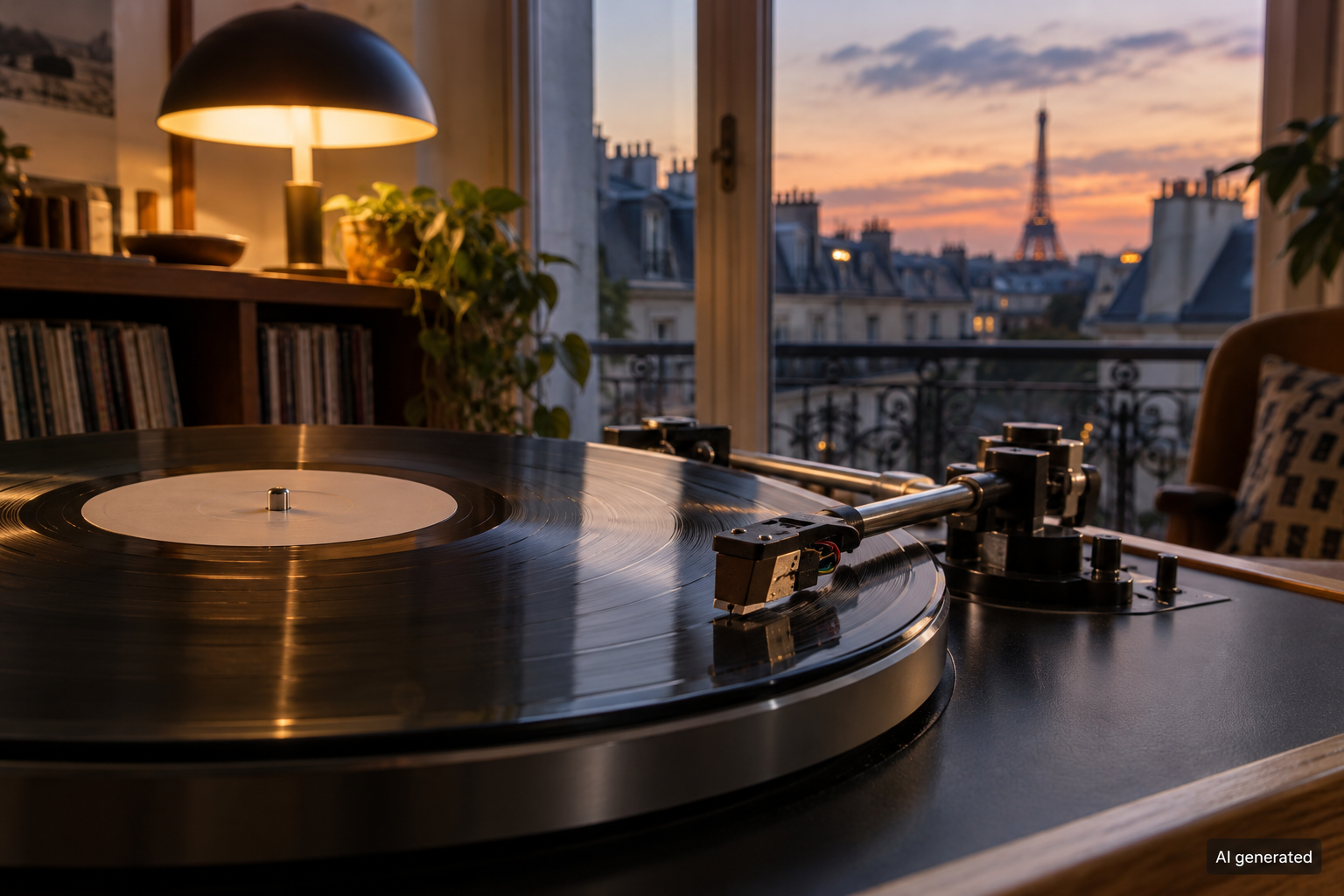 Vinyl record player in a Parisian-style listening room — AI generated