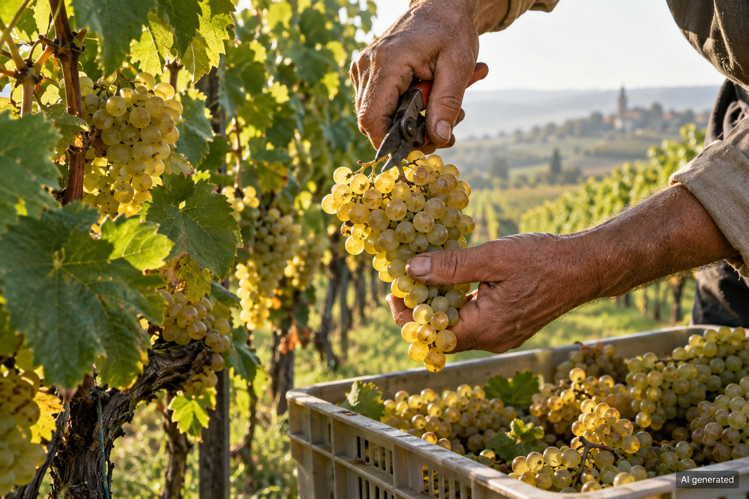 Grape harvesting in an illustrative vineyard scene — AI generated