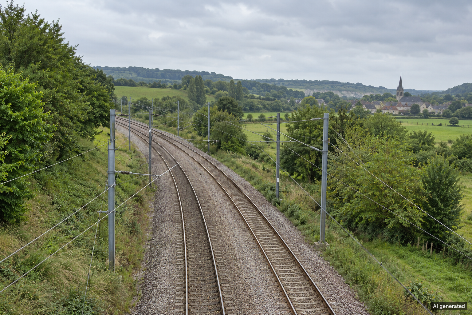AI-generated illustration of intact railway tracks in a Normandy-inspired landscape