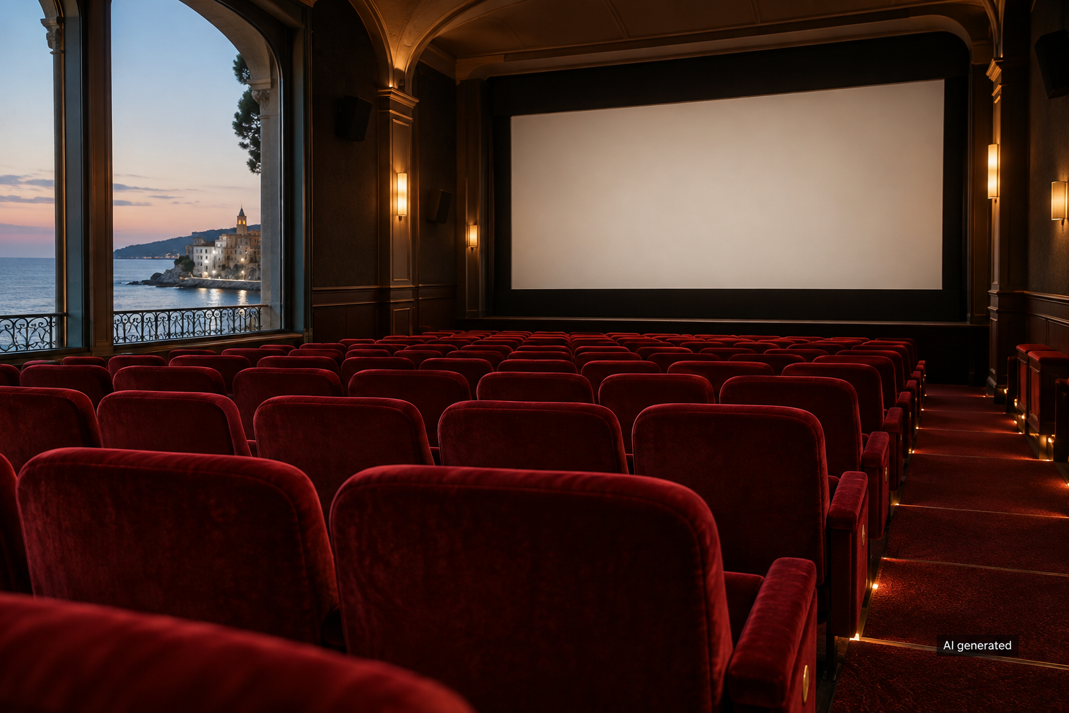 Empty fictional cinema auditorium with red velvet seats and a blank screen. AI generated.