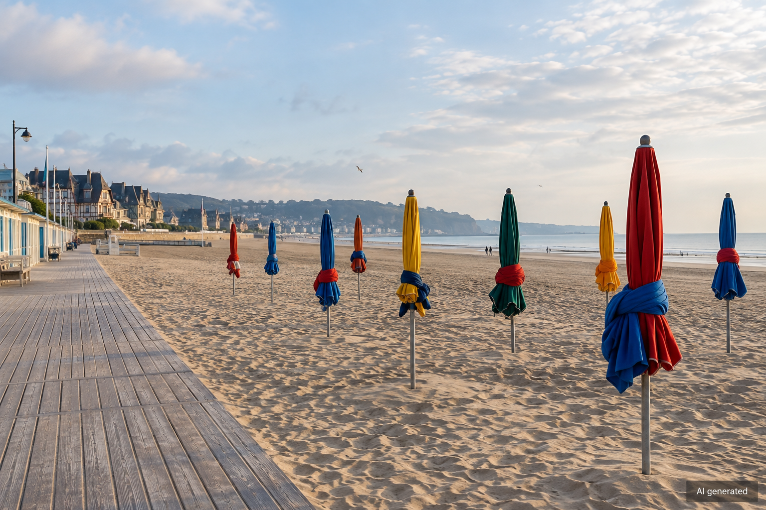 Deauville-inspired beach and colorful closed umbrellas — AI generated