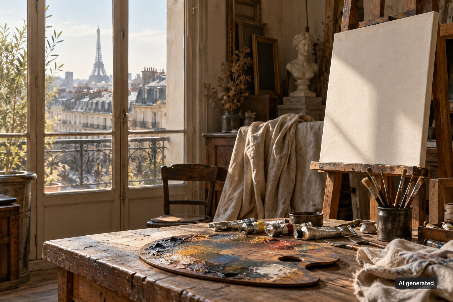 Palette, paint tubes and blank canvas in a fictional sunlit painter’s studio. AI generated.