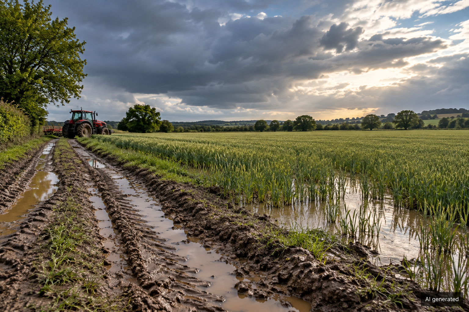 Waterlogged field and tractor after rain — AI generated