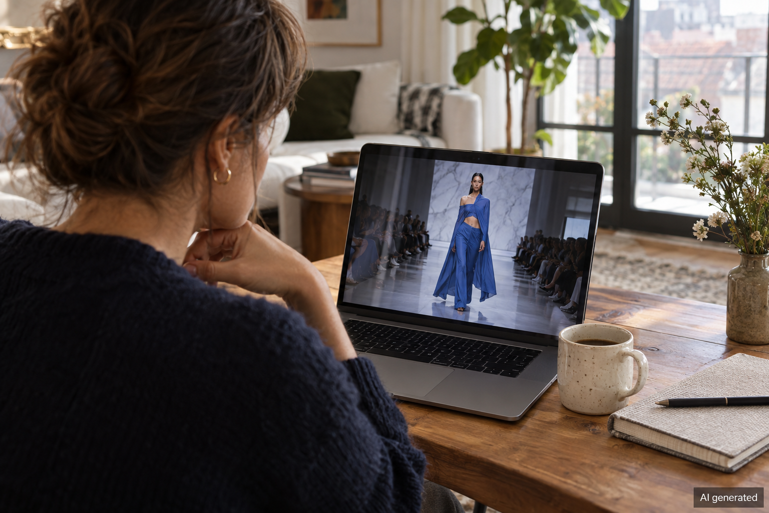 Viewer watching a fictional fashion show on a laptop — AI generated