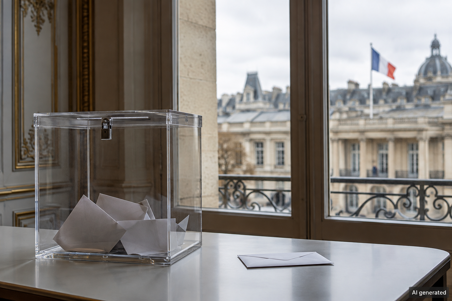 Ballot box beside a window in a fictional Parisian civic interior — AI generated