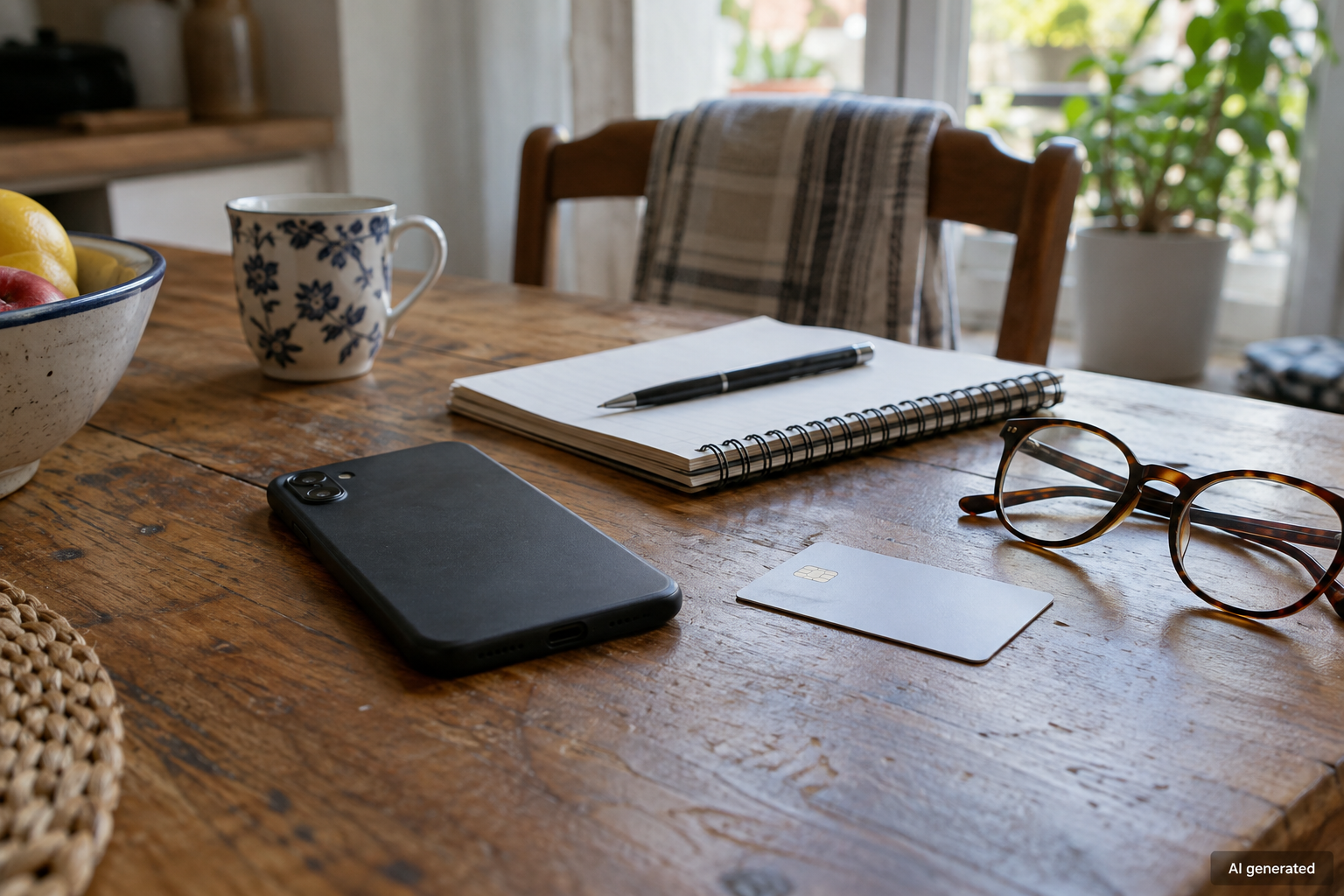 A phone, plain payment card and notebook on a kitchen table — AI generated illustration.