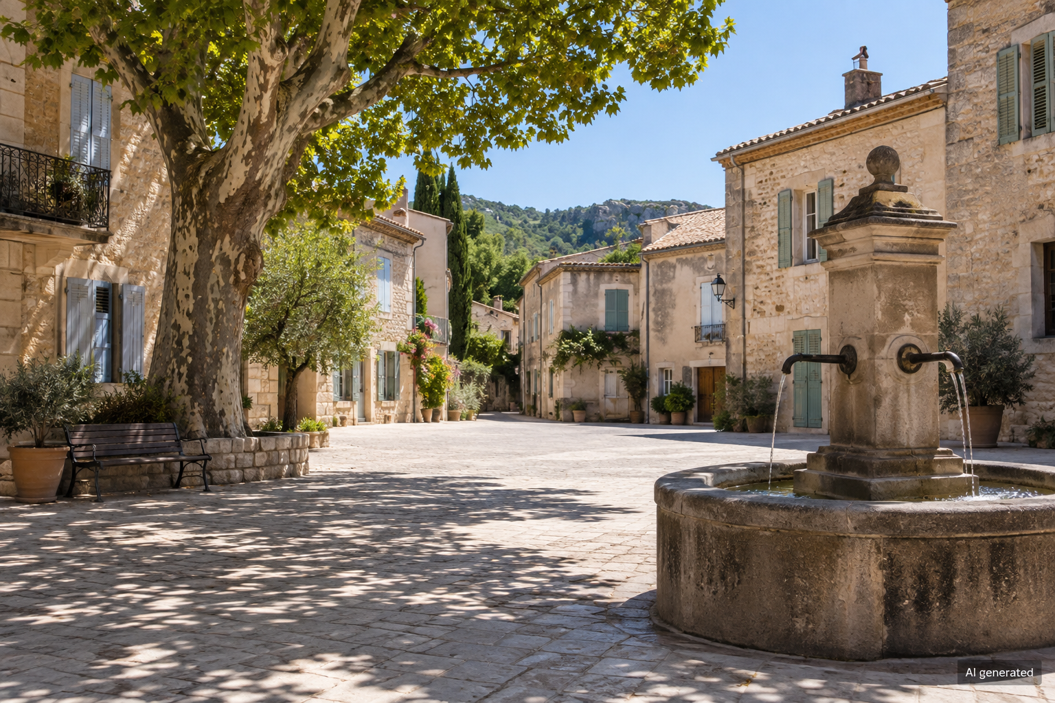 Sunlit village square illustrating summer heat — AI generated
