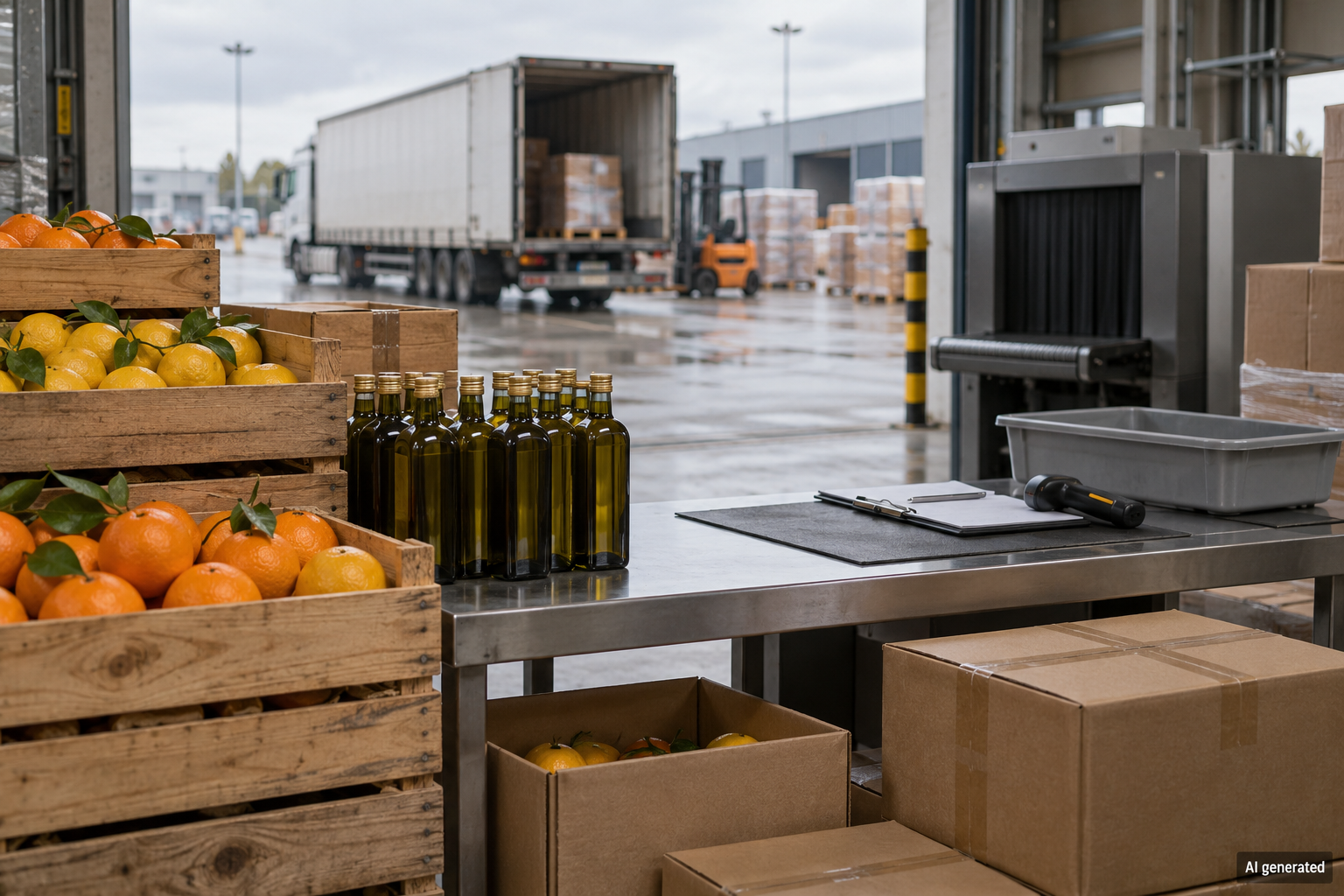 A fictional customs inspection area with produce and unlabelled goods — AI generated illustration.