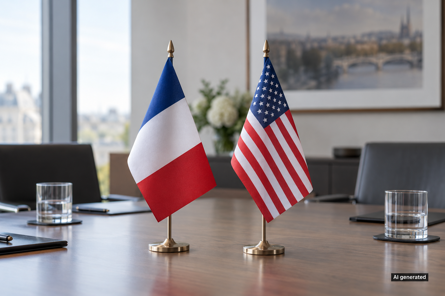French and American table flags in a fictional conference room. AI generated.