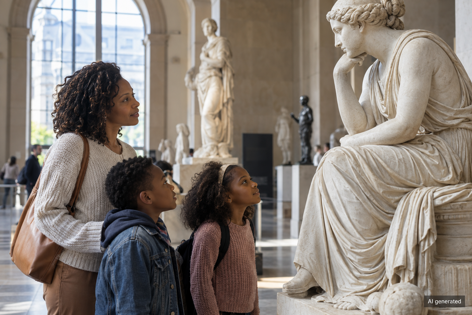 Family discovering sculpture in a fictional museum — AI generated