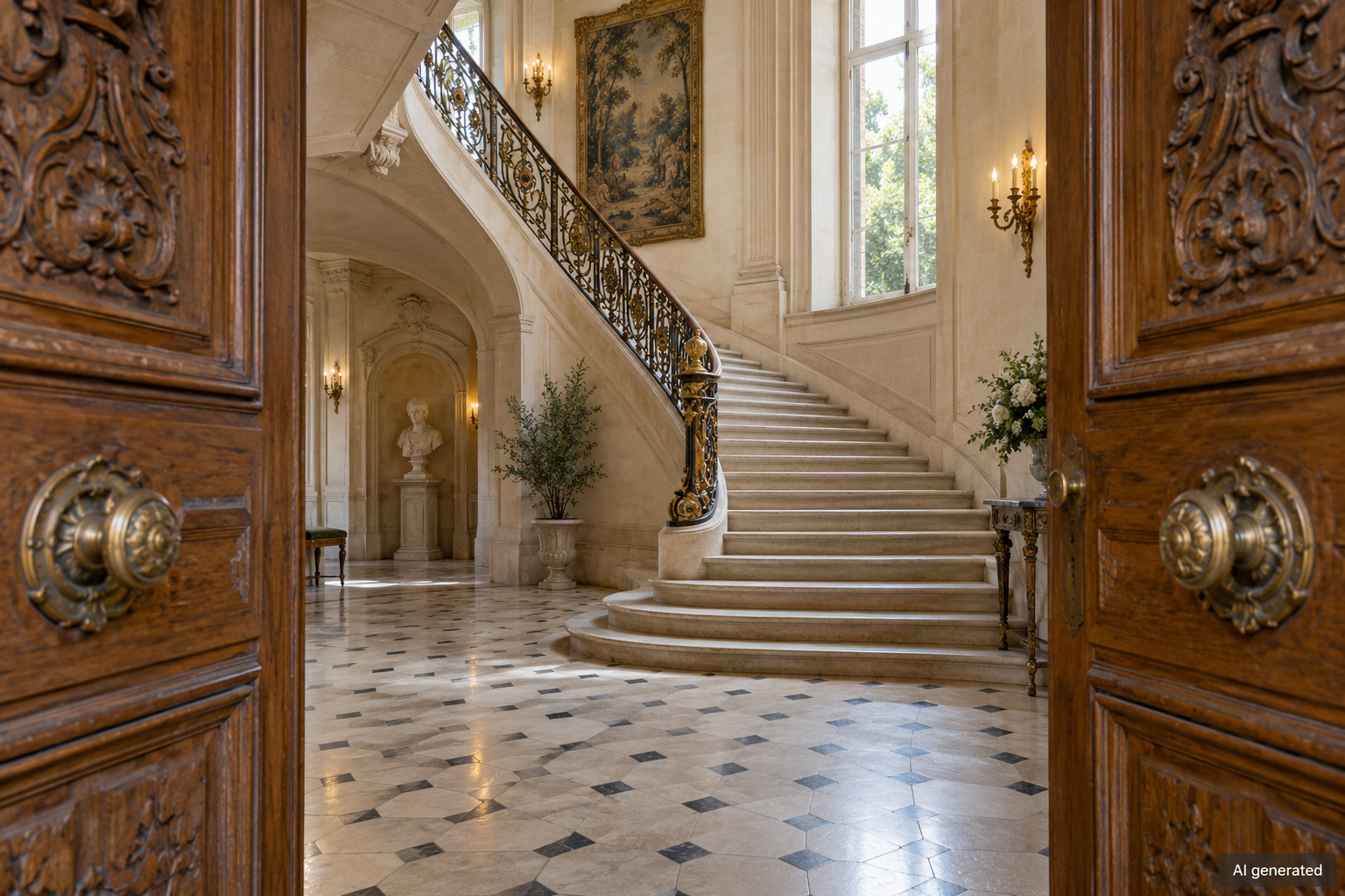 Open doors revealing a French-style heritage staircase — AI generated