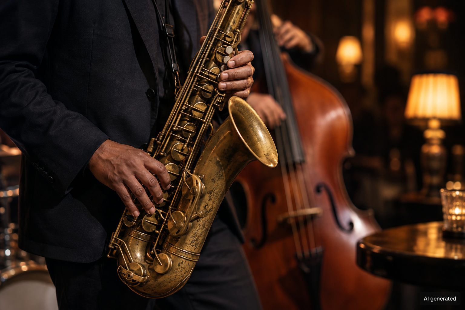 Saxophonist playing in a fictional jazz club — AI generated