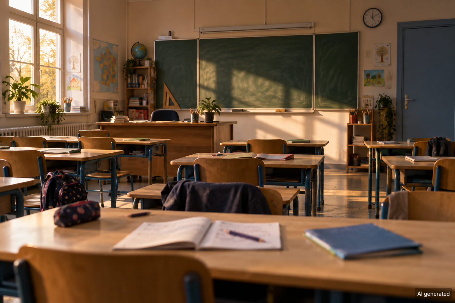 An empty fictional French classroom after school — AI generated illustration.
