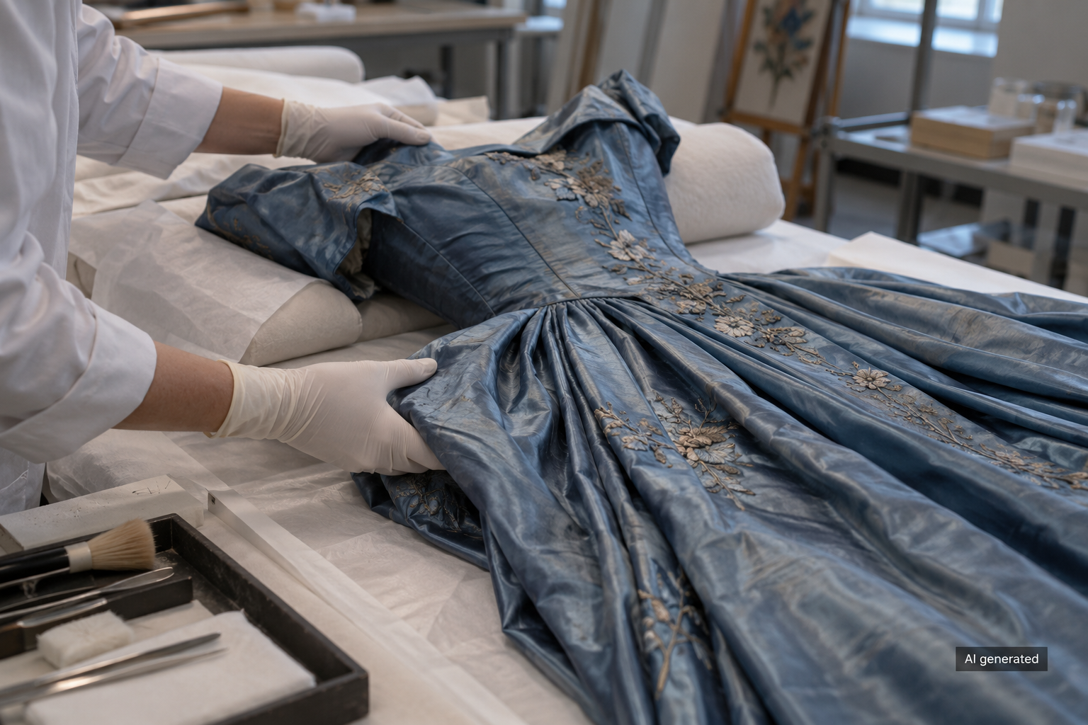 Gloved hands supporting an unbranded blue dress on a padded conservation table. AI generated.