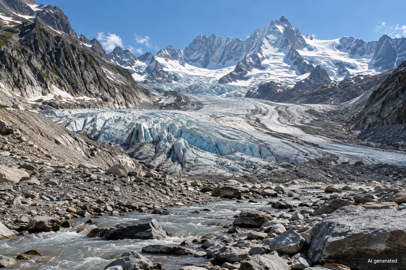 Synthetic Alpine glacier landscape, not a record of the Mer de Glace — AI generated
