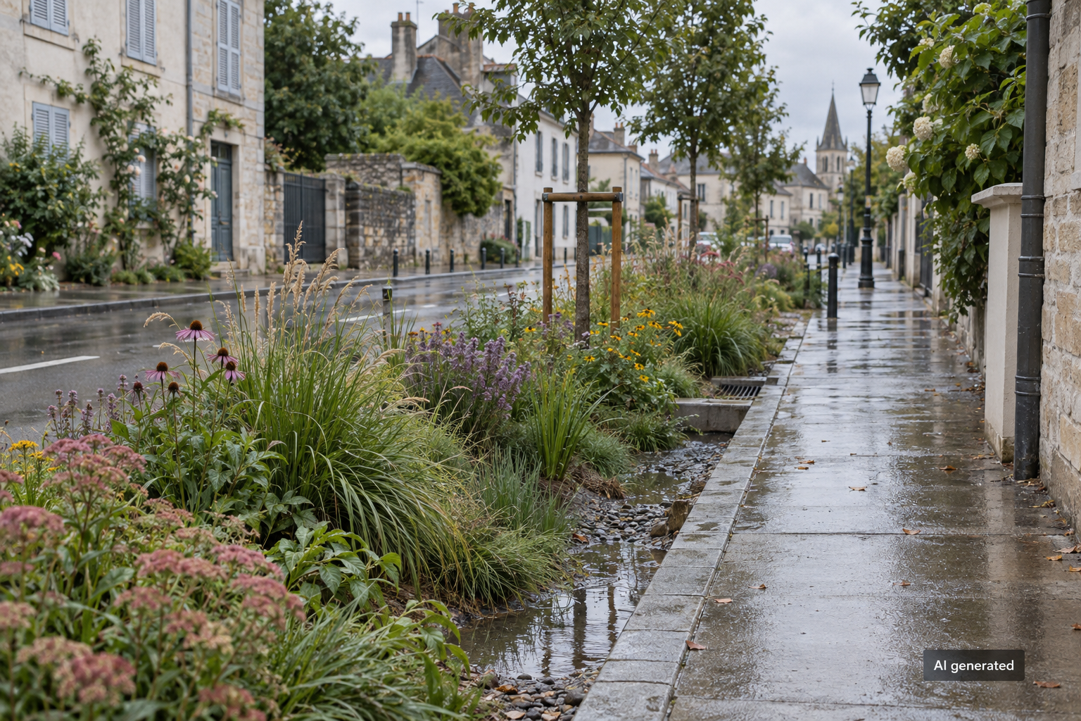 Illustrative planted rain garden beside a wet sidewalk in a fictional French town. AI generated.