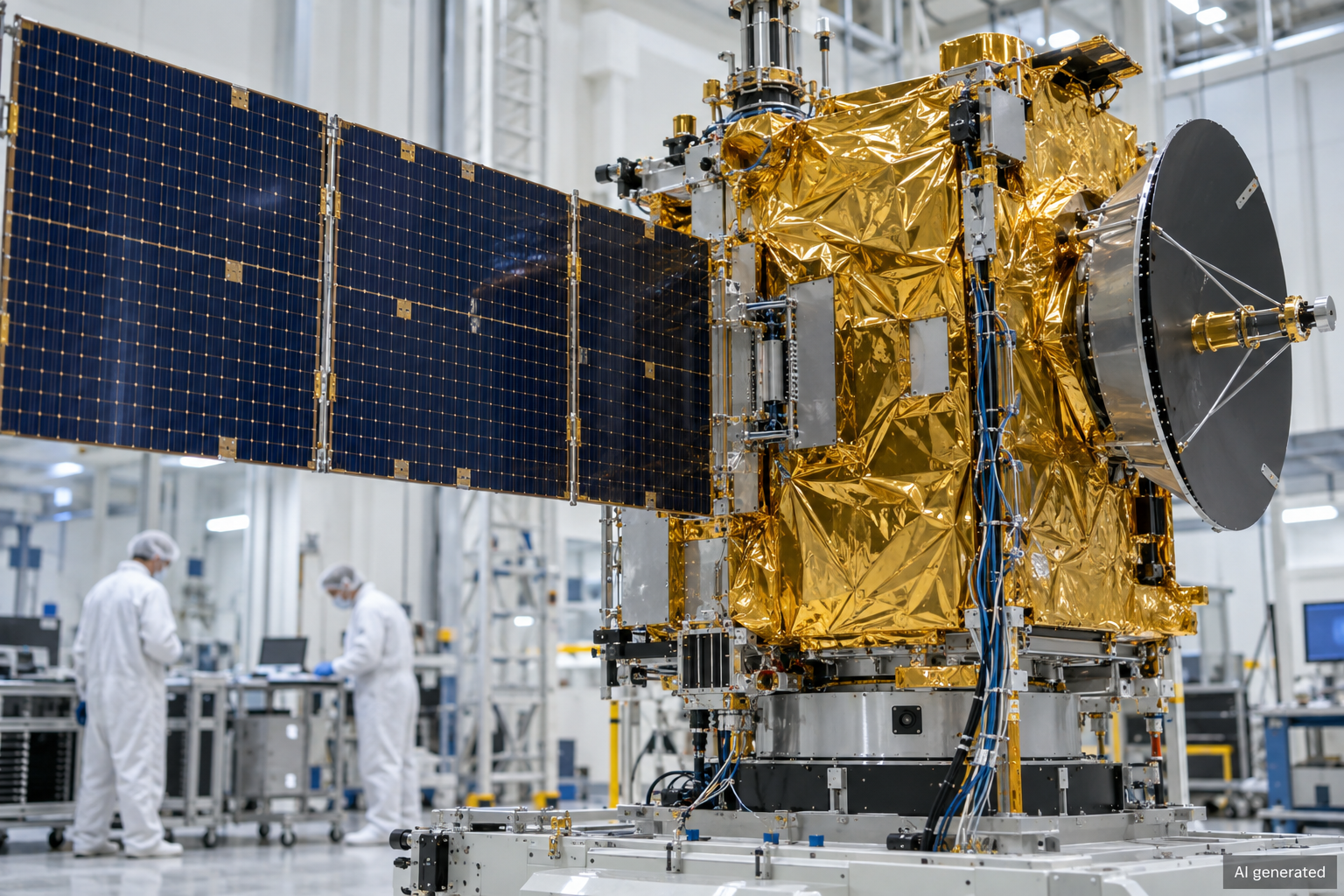 Satellite and technicians in a fictional aerospace cleanroom — AI generated