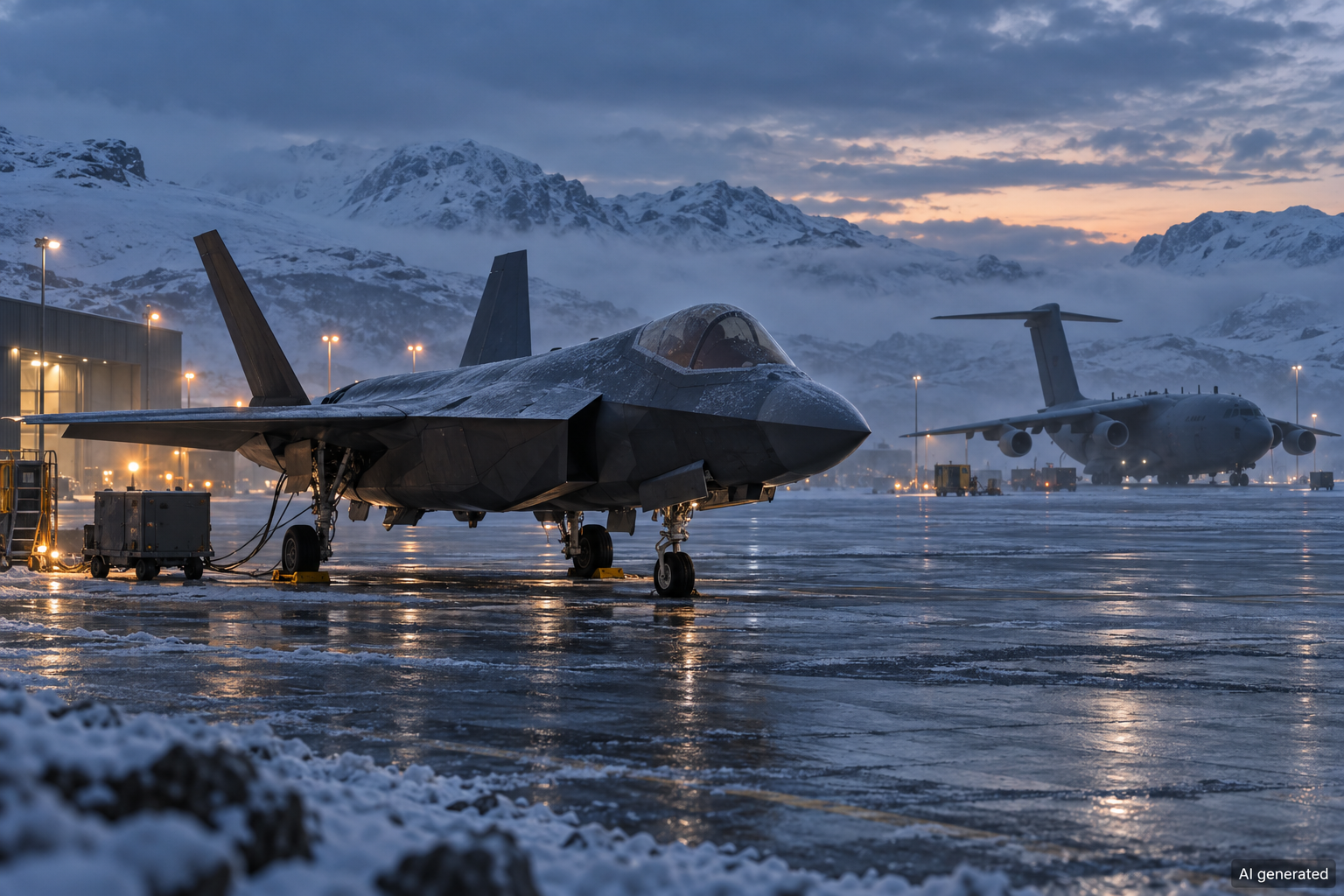 Fictional unmarked aircraft on an Arctic airfield — AI generated illustration.