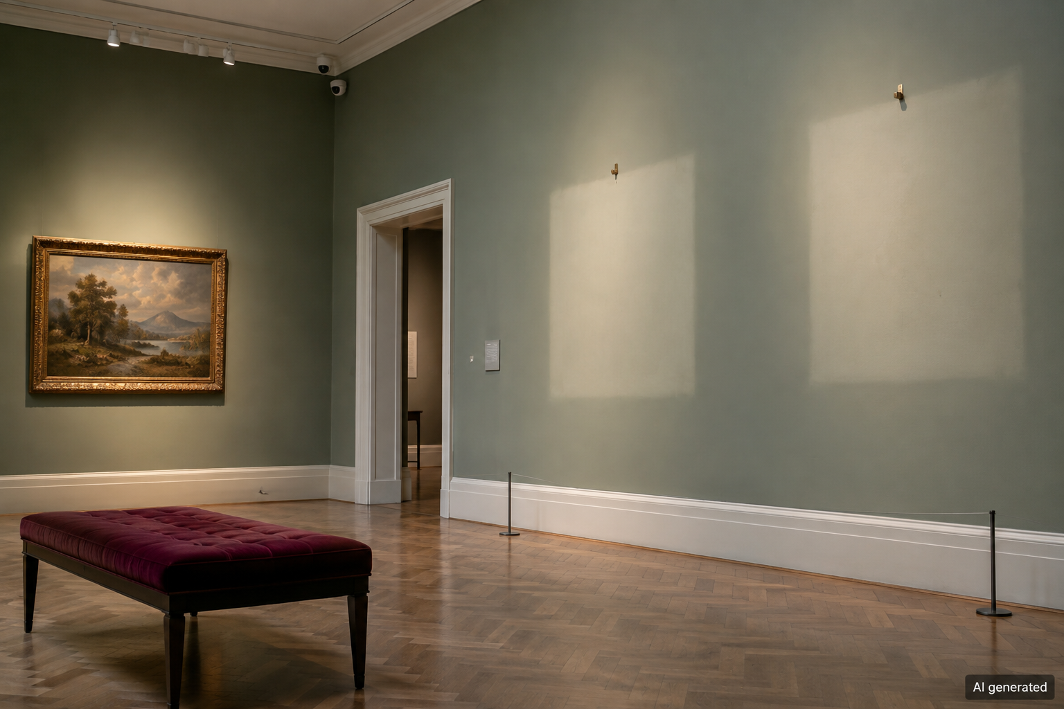 Fictional museum gallery with spaces where paintings once hung — AI generated
