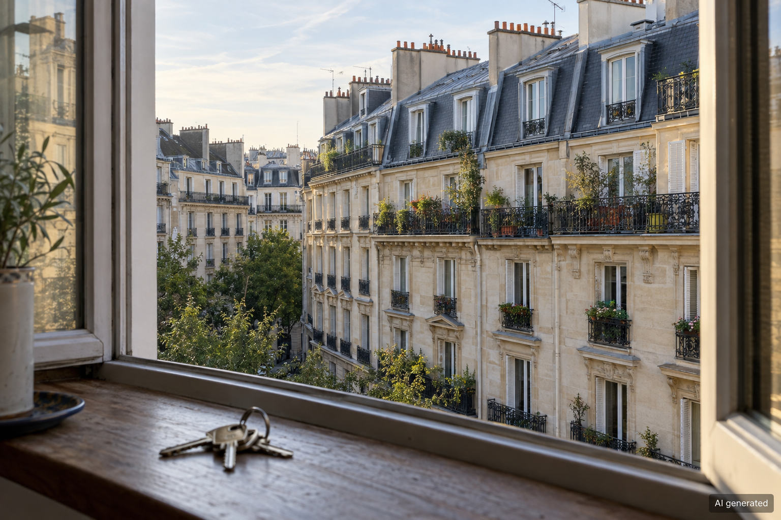 Apartment keys on a windowsill overlooking Parisian-style housing — AI generated