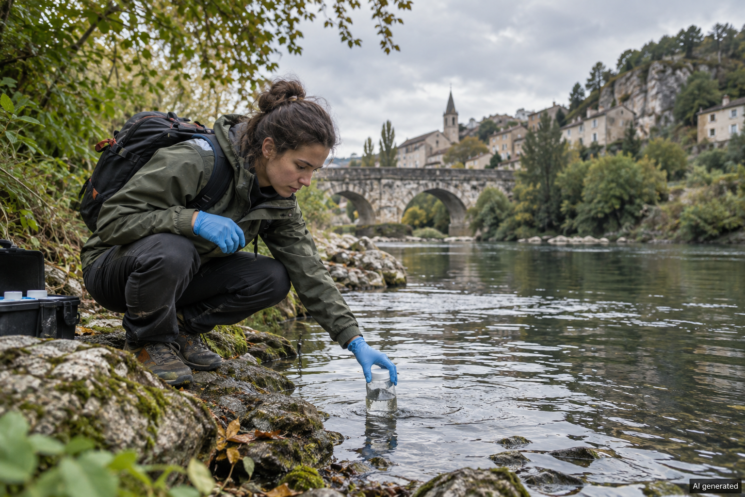 AI-generated illustration of a fictional field researcher collecting a river-water sample